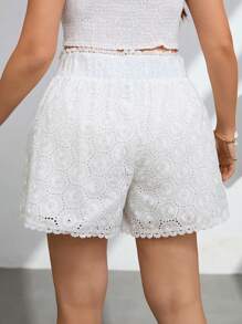 SHEIN Privé Women's White Embroidered Lace Trim Splice Shorts, Casual Summer Bottoms, Perfect For Wedding/Romantic Season