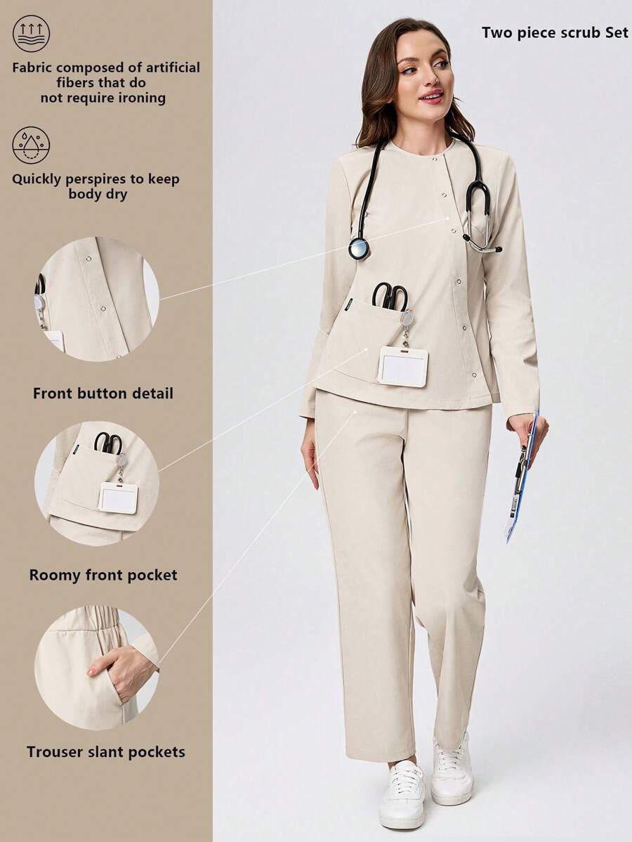 Scrubzie 2pcs Set Wrinkle-Resistant Moisture Wicking Long Sleeve Women Scrub Uniform Top And Pants, Autumn/Winter