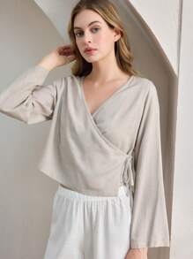 Ocili Leisure Comfortable Linen Overlap Collar Tie-Up Blouse, Women Casual Homewear Top - Pink - View 5