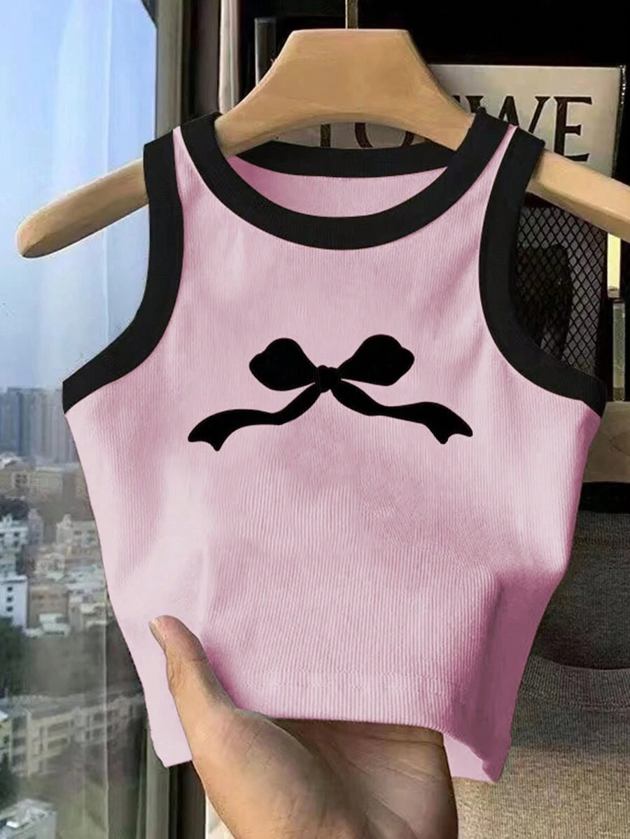 Top de camiseta con estampado de lazo lindo para niña preadolescente, sencillo y de moda para uso casual diario - Rosa - Ver 1