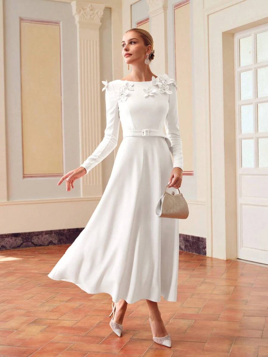 ZEYLAH 女士 3D 花卉装饰腰带连衣裙 - 白色 - 查看 1