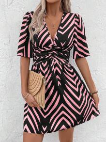 SHEIN LUNE Women Striped Waist Ruffle Puff Sleeve Dress - Multicolor - View 5