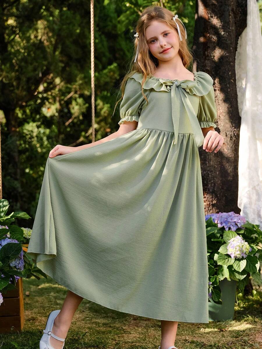 SHEIN Tween Girls Ruffled Sleeve Waist Cinched Dress, Elegant Party Vacation Dress, Princess Formal Wear, Flower Girl Dress, Suitable For Wedding Season, Floral Decor, No Traditional Patternholiday,Summer,Travel,Getaway - Green - View 1