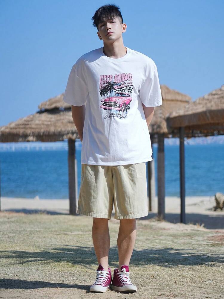 Summer Men's Car & Beach Graphic Letter Print Casual T-Shirt