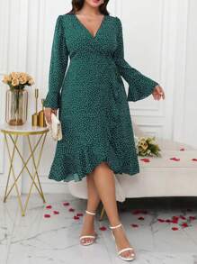 SHEIN Clasi Plus Size Allover Print Deep V Neck Long Sleeve Asymmetrical Hem Dress, For Spring, Valentine's Day - Dark Green - View 4