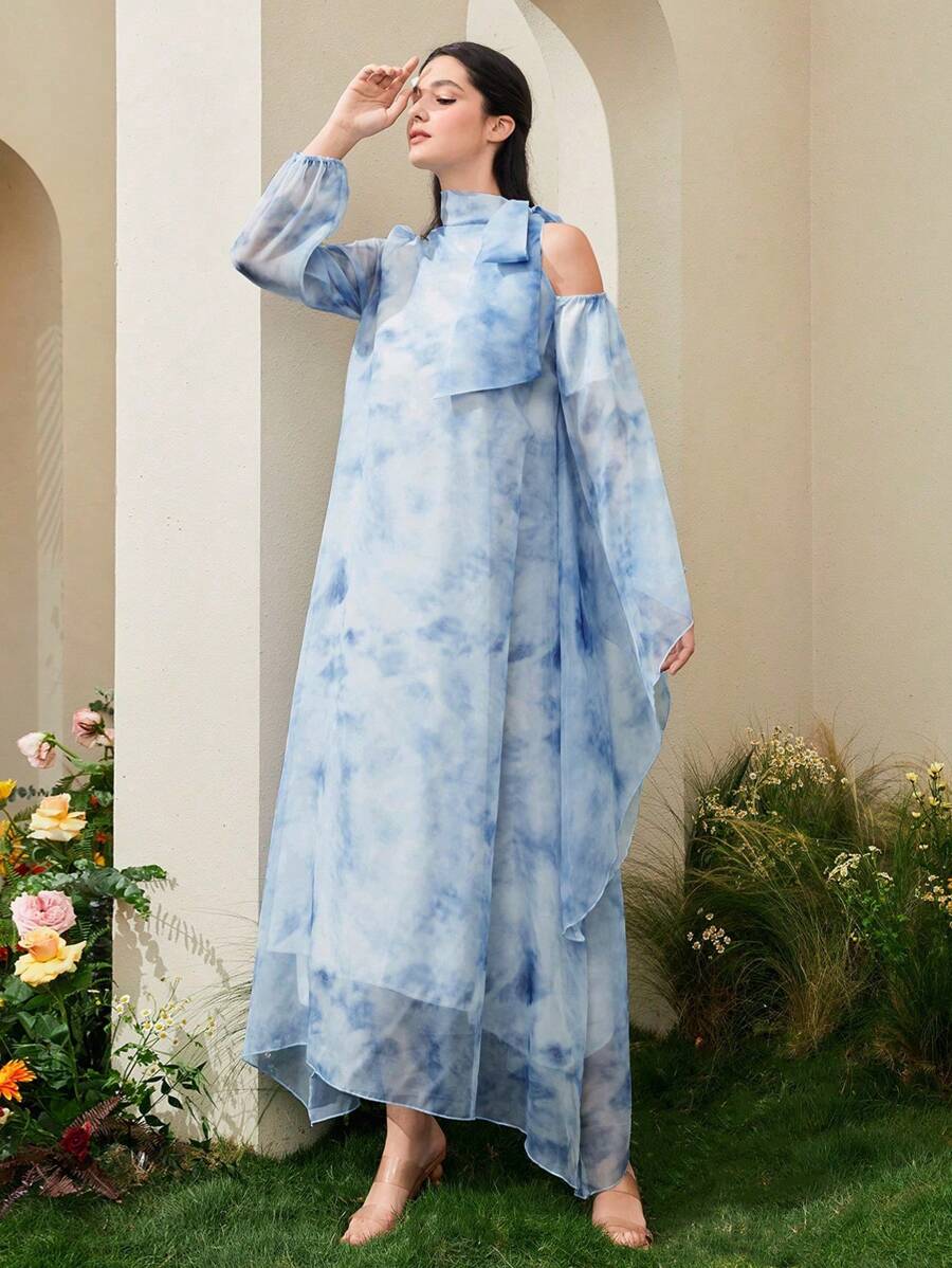 Modelyn Sukienka damska z asymetrycznymi rękawami i wiązaniem na ramionach - Niebieski - Zobacz 1