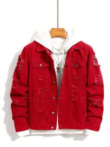 Manfinity Roughcore Men's Casual Long Sleeve Distressed Single Breasted Denim Jacket - Red - View 1