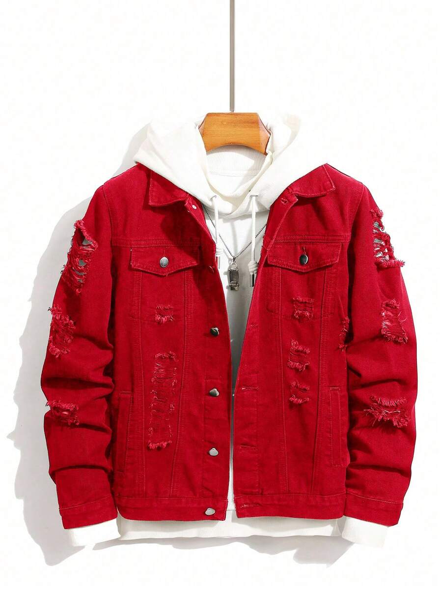 Manfinity Roughcore Men's Casual Long Sleeve Distressed Single Breasted Denim Jacket - Red - View 1