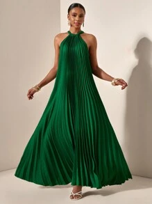 Zivah Beach Spring And Summer Casual Vacation Light Vacation Daily Dating Halterneck Sleeveless Pleated A-Hem Loose Dress Dark Green Women's Dress-A - Dark Green - View 7