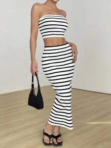 Flirla 2 piezas Conjunto de suéter de punto casual de moda a rayas para mujer