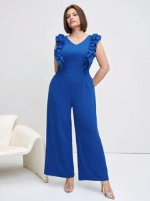 SHEIN Clasi ارتداء سليم مخملي أنيق بدون أكمام وذيل مكشكش للمقاسات الكبيرة - الأزرق - مشاهدة 4