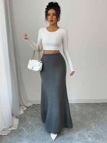 Chiquease 2024 秋冬时尚优雅高腰美人鱼长针织裙 - 灰色 - 查看 5