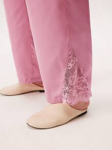 LUVLETTE 粉色丝缎基本款纽扣上衣和裤子家居服女士睡衣套装带口袋裤子女士休闲套装新娘贴身衣物 - 西瓜粉 - 查看 6