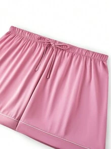 LUVLETTE Bộ đồ ngủ thoải mái gồm áo ngắn tay cài cúc và quần short bằng vải satin màu hồng nhạt, viền tương phản, chất liệu thoáng mát, thích hợp cho nữ, đồ lót cô dâu, đồ lót nữ. - Màu Hồng  Dưa hấu - Xem 5