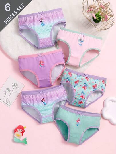6pcs Multiple Pack Young Girl Princess Mermaid Beach Girl Princess Shell Gradient Print Panty, Purple & Green, Soft & Comfortable Elastic Waistband