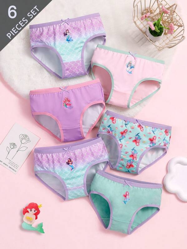 6pcs Multiple Pack Young Girl Princess Mermaid Beach Girl Princess Shell Gradient Print Panty, Purple & Green, Soft & Comfortable Elastic Waistband