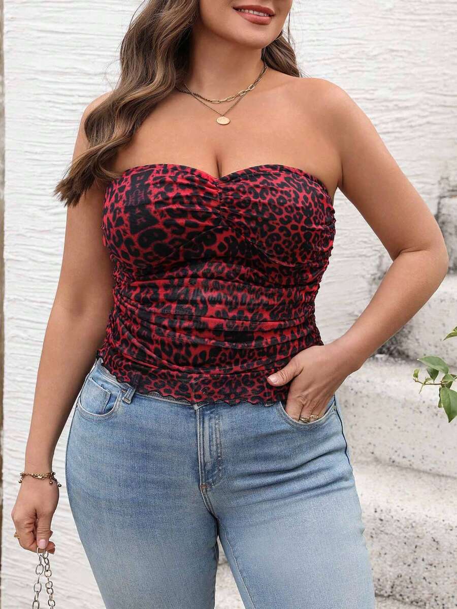 SHEIN VCAY 大码度假红色豹纹性感露肩上衣。情人节、休闲野餐派对。 - 酒紅色 - 查看 1