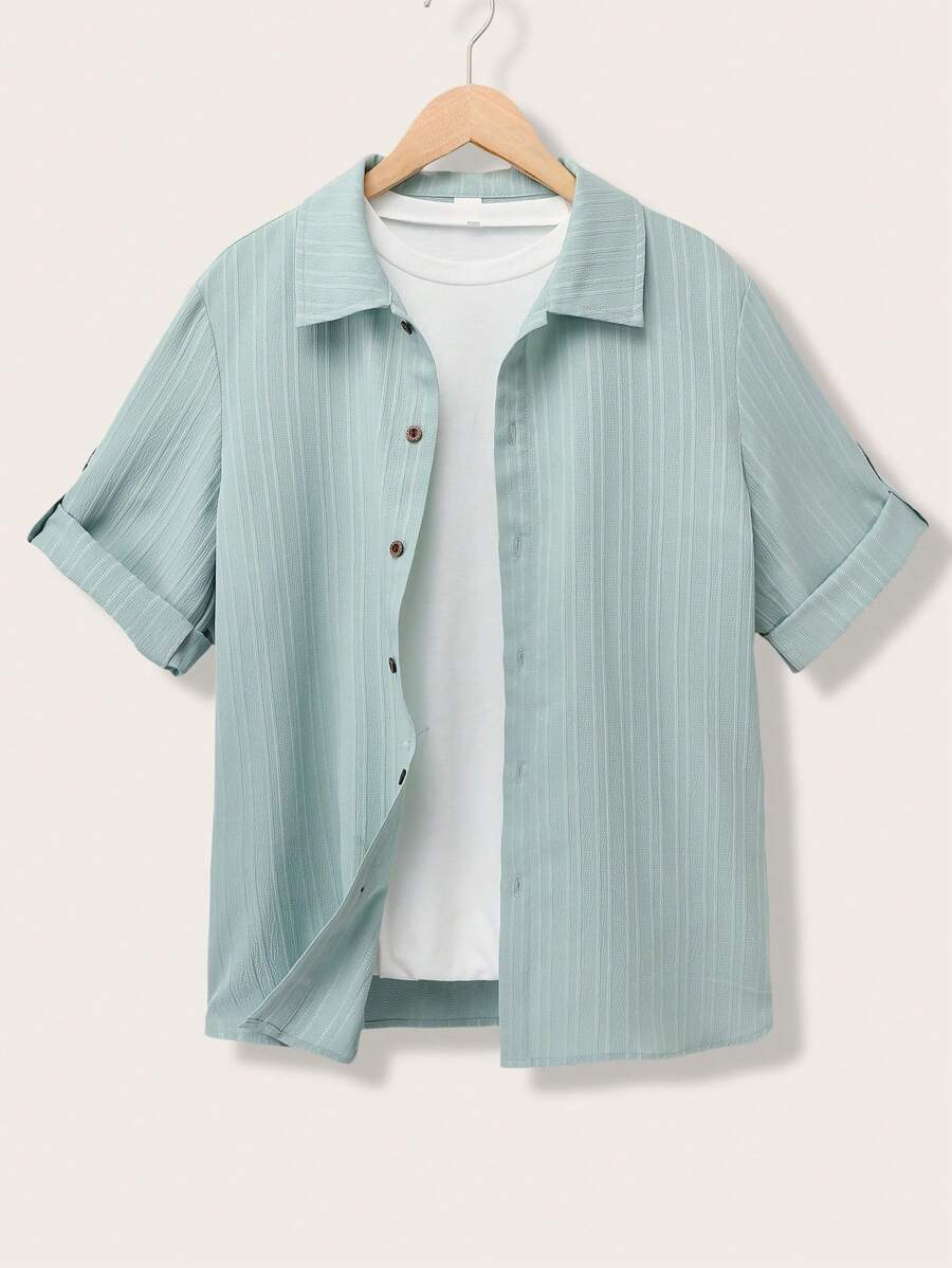 SHEIN Lässiges, vielseitiges und bequemes Hemd für Teenager-Jungen mit gewellter Stehkragenstoff, offener Vorderseite, locker sitzenden Kurzarm, Unifarben, geeignet für Schule, Garten, Strand, Geburtstag im Frühling, Sommer, Herbst & Winter