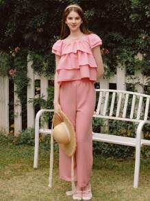SHEIN Teen Girls 2pcs Sets Light Pink,Summer,Party Outfit,Ruffle Trim Blouse And Wide Leg Pants,Crinkle Texture Linen-Look Princess Holiday Wedding Style - Pink - View 7