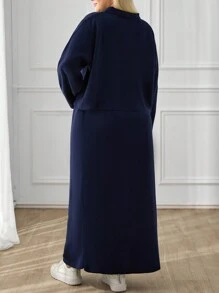 SHEIN Cottnline Women Solid Color Front Button Pocket Detailed Collar Neck Cardigan & Sweater Skirt Set - Navy Blue - View 2