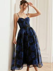 Aveloria Rosie Abito elegante da donna in organza con maniche lunghe senza maniche, stampa floreale, orlo a tulipano, adatto per cocktail festa, vacanze, compleanni, occasioni speciali