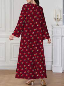 Al Najma 女士斋月阿拉伯图案印花 V 领长袖连衣裙 - 酒紅色 - 查看 2