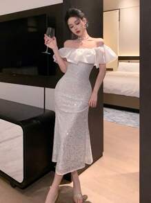 DAZY 性感修身婚礼季约会之夜荷叶边拼接亮片派对金属光泽露肩鱼尾中长连衣裙，适合夏季舞会、派对、返校节、新年夜、情人节、嘉年华等场合，闪亮连衣裙 - 銀色 - 查看 9