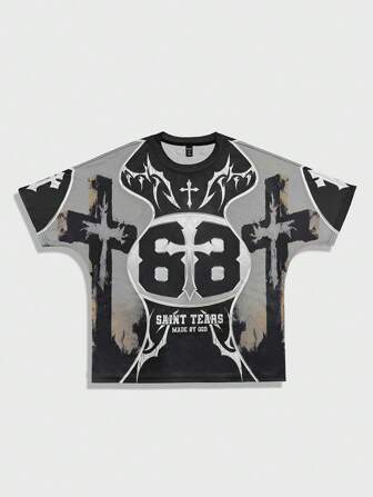 Goth Men's Jersey Casual Cross & Letter Print Short Sleeve T-Shirt