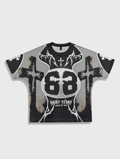 Prep Men's Jersey Casual Cross & Letter Print Short Sleeve T-Shirt