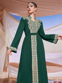 Al Najma Ladies' Embroidered Beaded Belt Patchwork Cutout Neckline Jalabiya Dress, Elegant Evening Party Maxi Dress