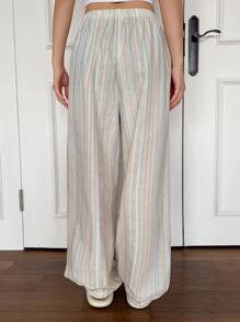 DAZY 简约条纹宽松抽绳裤，家居服下装睡衣 - 卡其色 - 查看 2