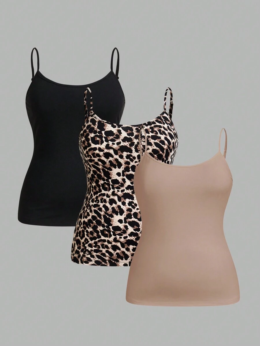 SHEIN Essnce Plus Size Women 3 Suits, Women's Suit Top, Autumn Base Coat Leopard Print Halter Top, Black Top, White Top, Can Be Worn Inside, Leopard Fall Clothes Women Tops, Fall Women Clothes Plus Halloween Outfits - Khaki - View 1