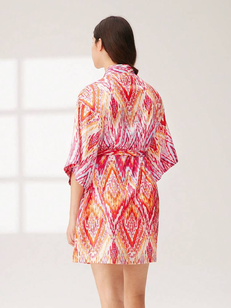 Robe de chambre en satin rose soyeux à motif, col en V, avec nœud devant. Robe d'intérieur aérée pour femmes, robe de nuit, peignoir de bain, lingerie et pyjama