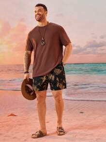 EASEVO Plus Size Men's Loose Casual Black Woven Shorts With Plant & Animal Prints