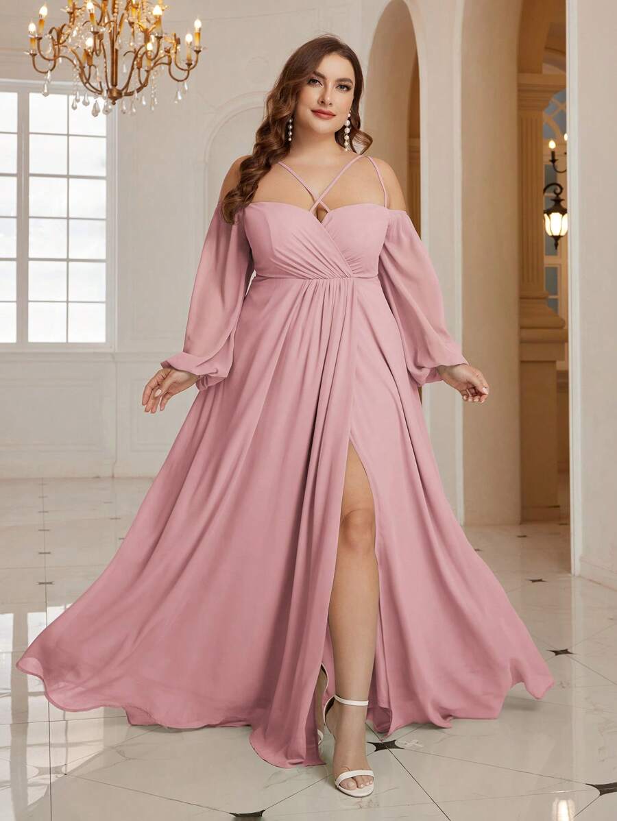 SHEIN Belle 大尺碼露肩長袖分裂優雅伴娘禮服 - 藕粉色 - 查看 1