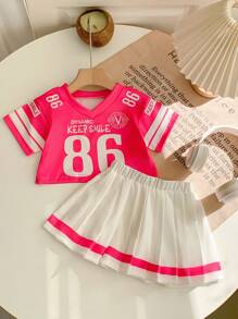 2pcs/Set Baby Girl Infant Toddler (0-3 Years) Fashion Sports V-Neck Fuchsia Short Sleeve Jersey T-Shirt And Pleated Skirt Outfit Girls Outfit Sets