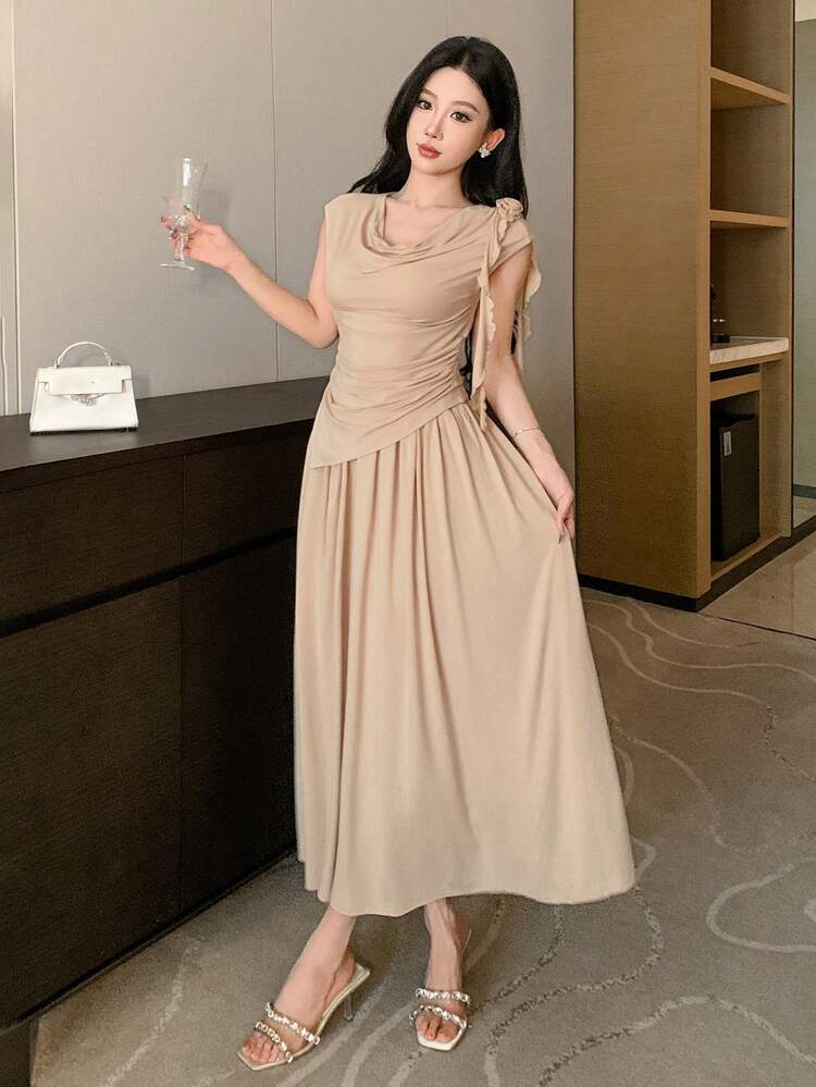 2pcs/Set Women Solid Color Pleated 3D Floral Tee And Skirt Set