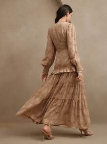 Anewsta 法式褶皱 V 领泡泡袖优雅修身连衣裙长款女装 - 卡其色 - 查看 2