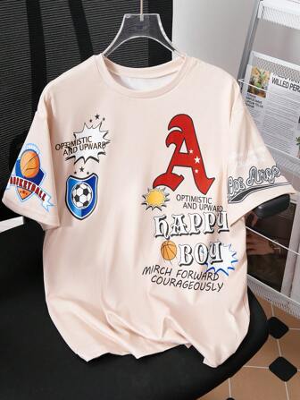 SHEIN Tween 男童休闲卡其色字母图案印花宽松 T 恤