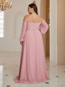 SHEIN Belle 大尺碼露肩長袖分裂優雅伴娘禮服 - 藕粉色 - 查看 2