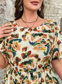 Breezaya Plus Size Colorful Foil Graphic Print Round Neck Short Sleeve Dress,Women's Summer Boho Outfits For Vacation,Holiday,Beige Festival Spring Break - Multicolor - View 3