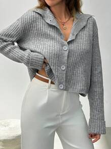 EURMUSE 罗纹纽扣针织开衫：具有柔软的罗纹质地、高领、现代短款廓形、实用的纽扣开合和宽袖口长袖，采用永恒的灰色色调，非常适合休闲时尚和百搭的分层搭配