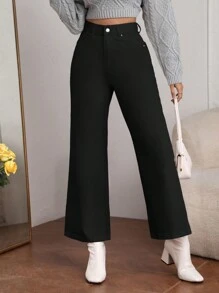 SHEIN Frenchy 女士纯色前扣简约休闲牛仔裤，日常穿着 - 黑色 - 查看 4