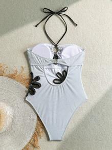 Soleia 1 Stück Damen Blumen Ausschnitt Kontrast Farbe Trägerloses Rückenfrei Badeanzug, geeignet für Strandurlaub, Valentinstag, Bademode für Frauen, Valentinstags-Kleidung, Urlaubsoutfits für Frauen, Strandoutfits für Frauen für Sommerurlaub