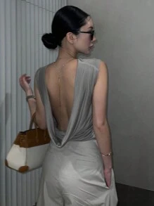 DAZY Parte superior con corte halter y decoración de cadena con rhinestones sin espalda para mujer - Gris - Ver 3