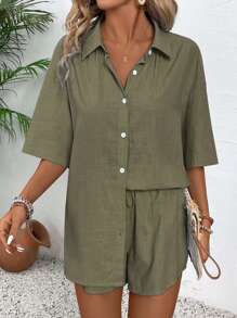 LanaWest 2st Kvinnor Solid Shirt & Shorts Set, Minimalistisk Casual Style Dagligt slitage - Armé Grön - Visa 5