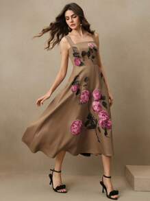 Anewsta Vestido sin mangas con estampado floral 3D en relieve de estilo de vacaciones, vestido floral de mujer para primavera/verano
