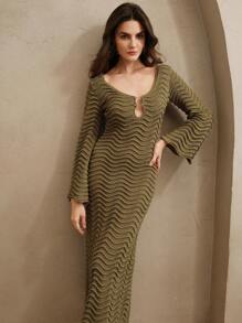 Anewsta Solid Color Sexy Knitted Hollow Wave Flare Sleeve Beach Dress, Spring/Summer Outfits For Women, Vacation Outfits, Beach Outfit - Army Green - View 4