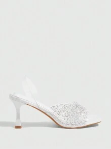 CUCCOO SZL Women's Square Toe Transparent PVC Pearl Rhinestone Stilettos High Heel Slide Sandals - White - View 4