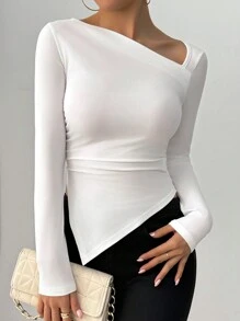 RosyDaze Women Solid Color Asymmetrical Neck Long Sleeve Fitted Casual Blouse, Everyday Wear Fall Cloth For Women - White - View 6